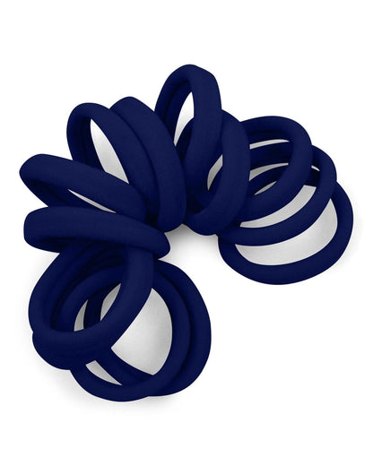 Spiraled stack of Navy seamless elastic hair ties.
