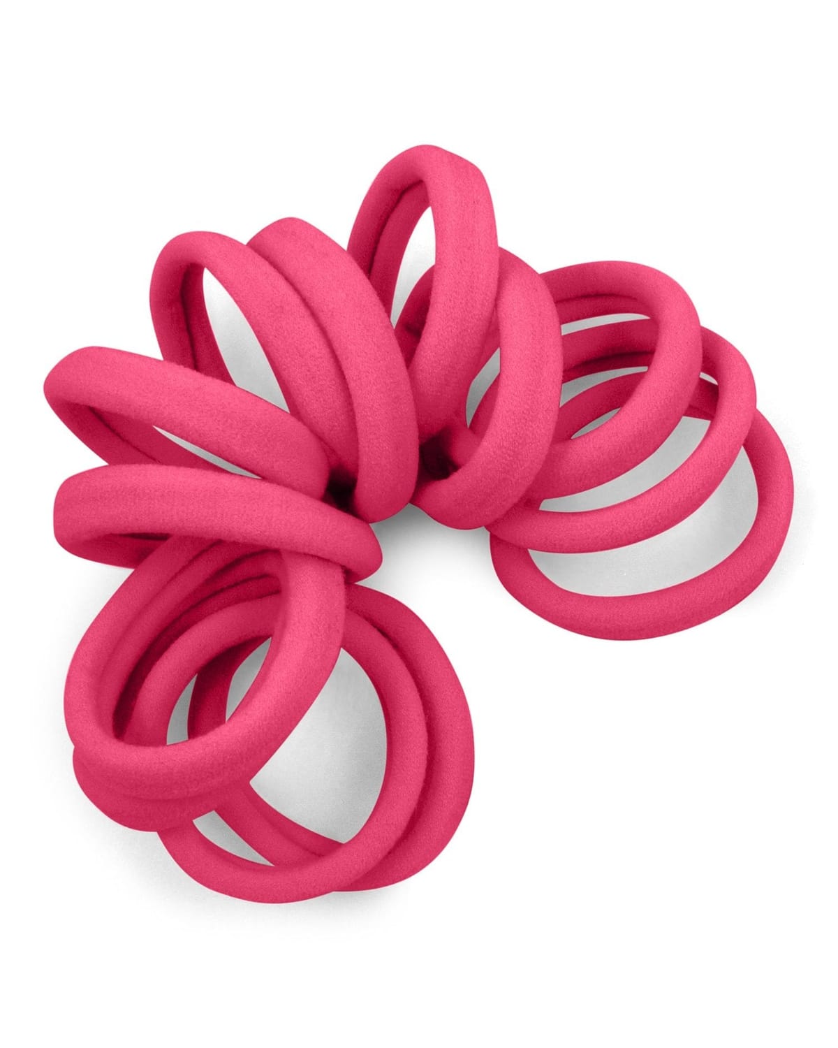 Spiraled stack of Pink seamless elastic hair ties.
