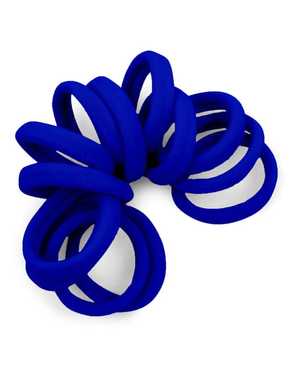 Spiraled stack of Royal Blue seamless elastic hair ties.