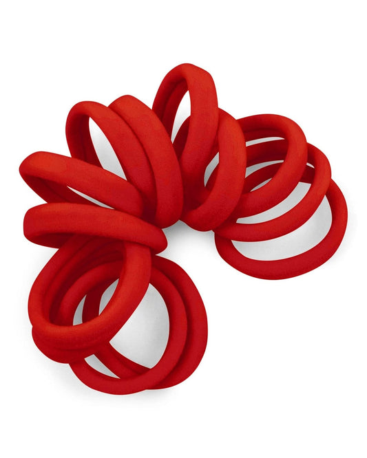 Spiraled stack of Red seamless elastic hair ties.