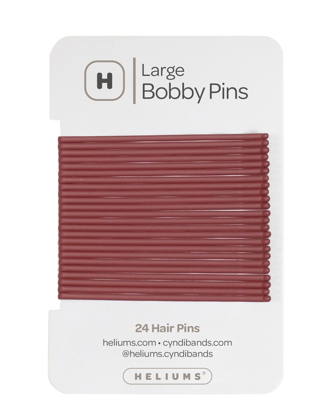 Heliums 24 Bobby Pins in a auburn red color, packaged on a white backing card with the Heliums logo.