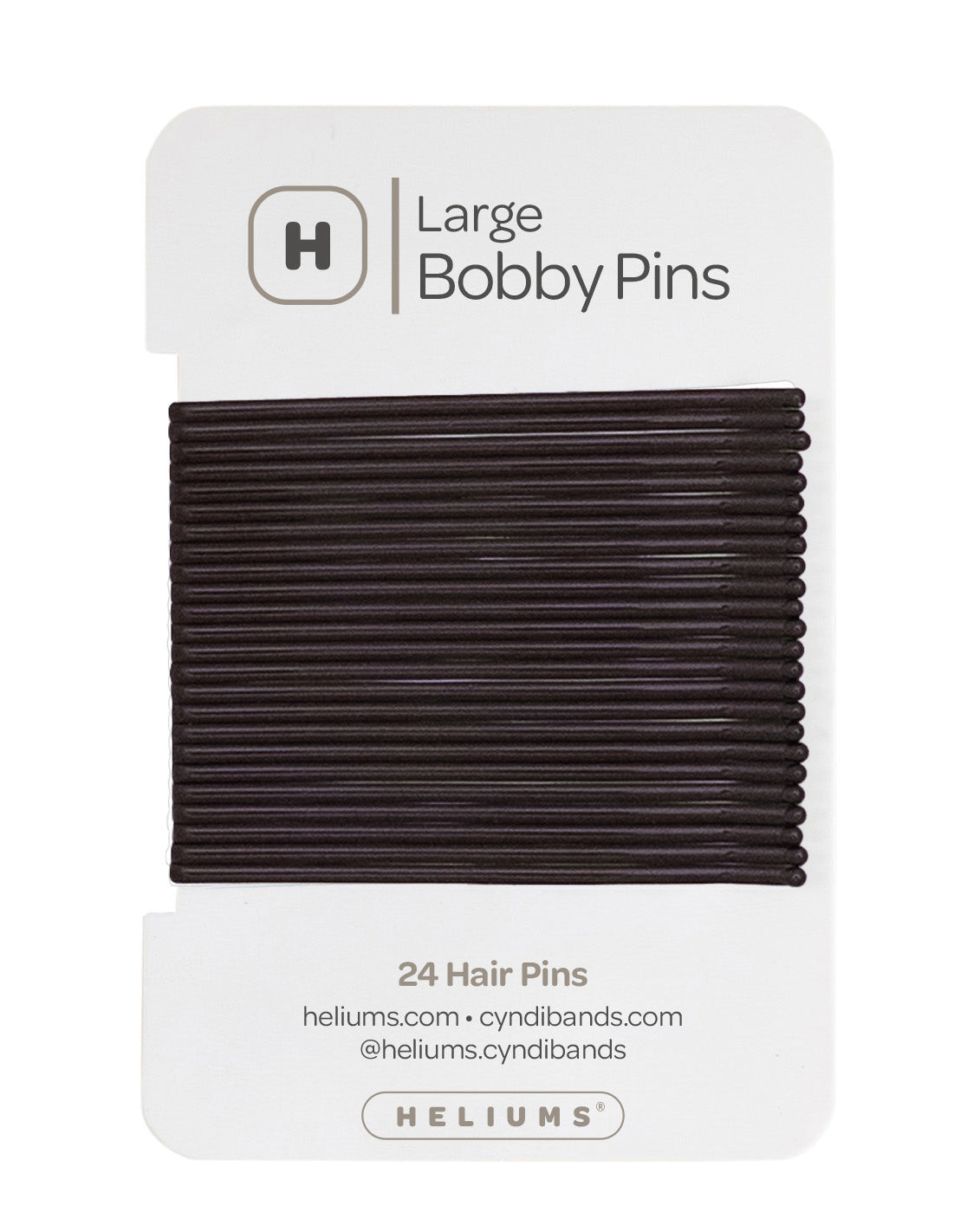Heliums Cyndibands hair pins in a pack of 24, displayed on their white retail backing card. The pins are a very dark, near-black, and the packaging clearly displays the brand name 'Heliums' and product type.