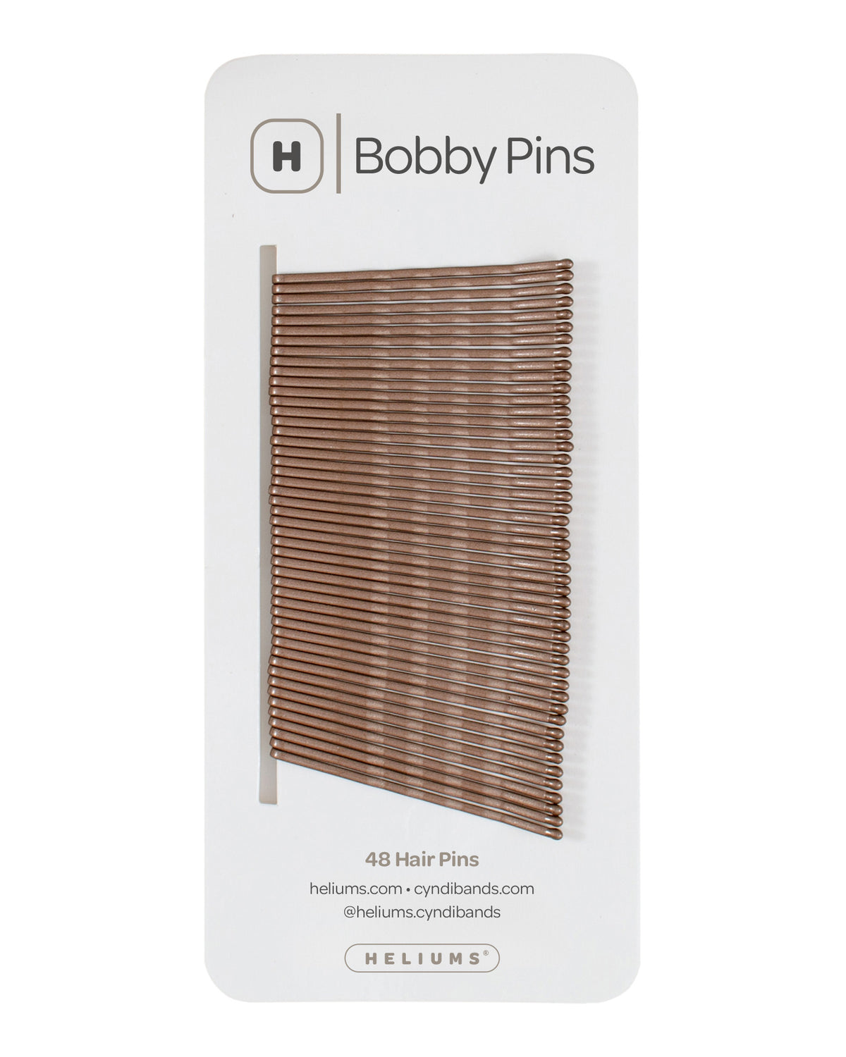Packaging of Heliums brand 2-inch wavy light brown color bobby pins, displaying multiple pins on white card with the brand logo and name.