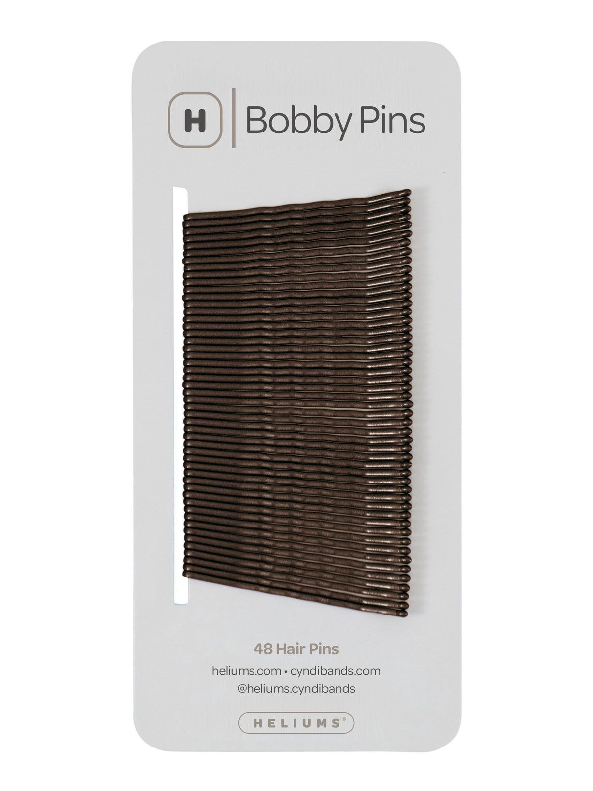 Packaging of Heliums brand 2-inch wavy dark brown color bobby pins, displaying multiple pins on white card with the brand logo and name.