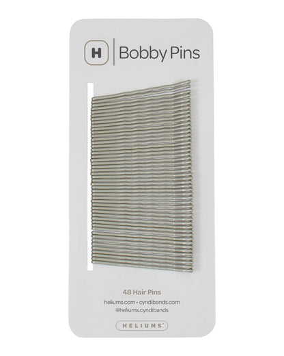 Packaging of Heliums brand 2-inch wavy gray color bobby pins, displaying multiple pins on white card with the brand logo and name.