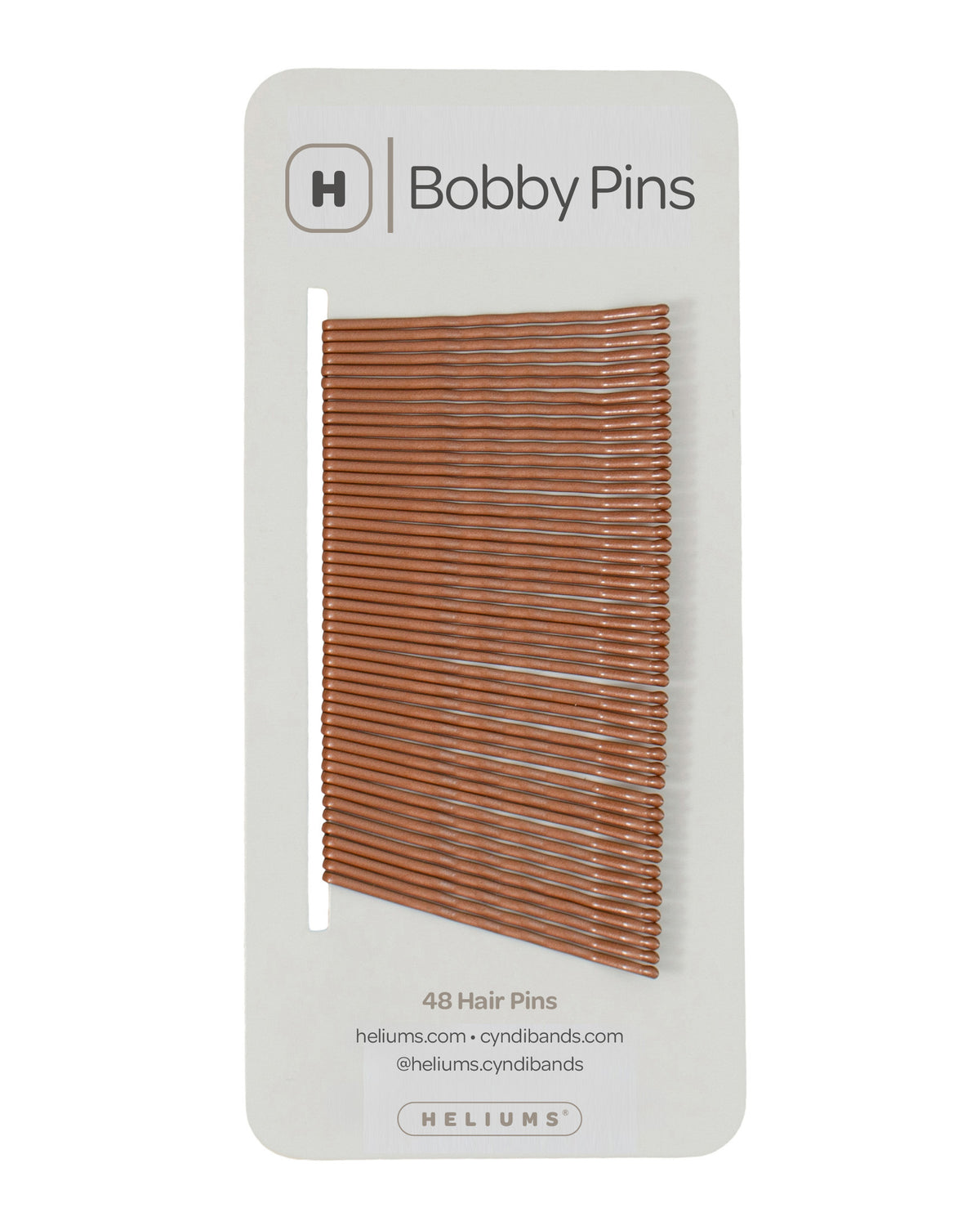 Packaging of Heliums brand 2-inch wavy ginger color bobby pins, displaying multiple pins on white card with the brand logo and name.