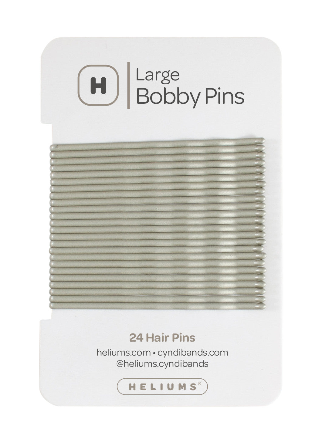 Heliums Gray Large Bobby Pins package containing 24 hair pins, shown on a clean white background.