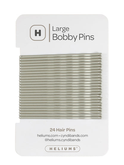 Heliums Gray Large Bobby Pins package containing 24 hair pins, shown on a clean white background.