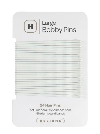 Heliums White Large Bobby Pins package containing 24 hair pins, shown on a clean white background.